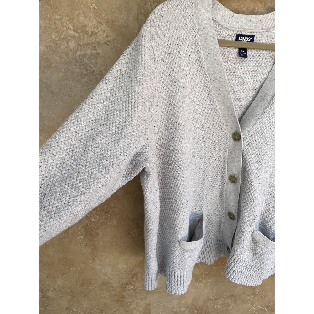 Lands End Cardigan Sweater 3X Cotton Waffle Knit Gray Speckled Long Sleeve - Picture 4 of 9